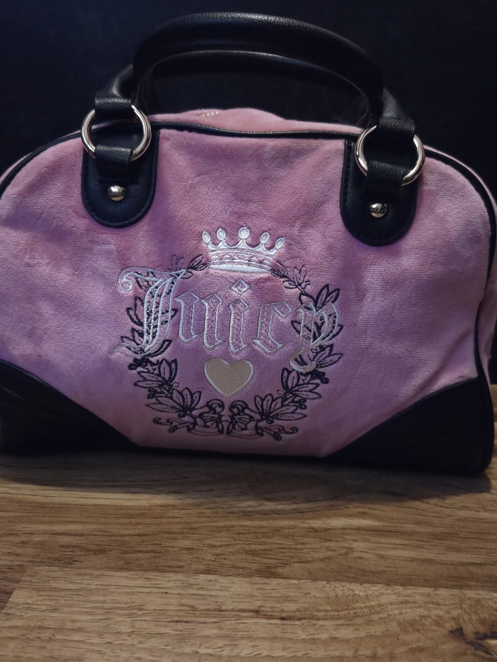 Juicy Couture Pink Velvet Bowler Bag with Black Accents